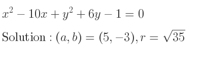 The solution to x^2-10x+y^2+6y-1=0 is Circle with (a,b)=(5,-3),r=sqrt(35)